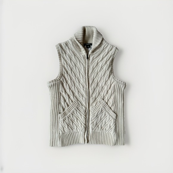 Womens Eddie Bauer Ivory Insulated Wool Blend CableKnit Sweater Vest Full Zip  M - Picture 9 of 13